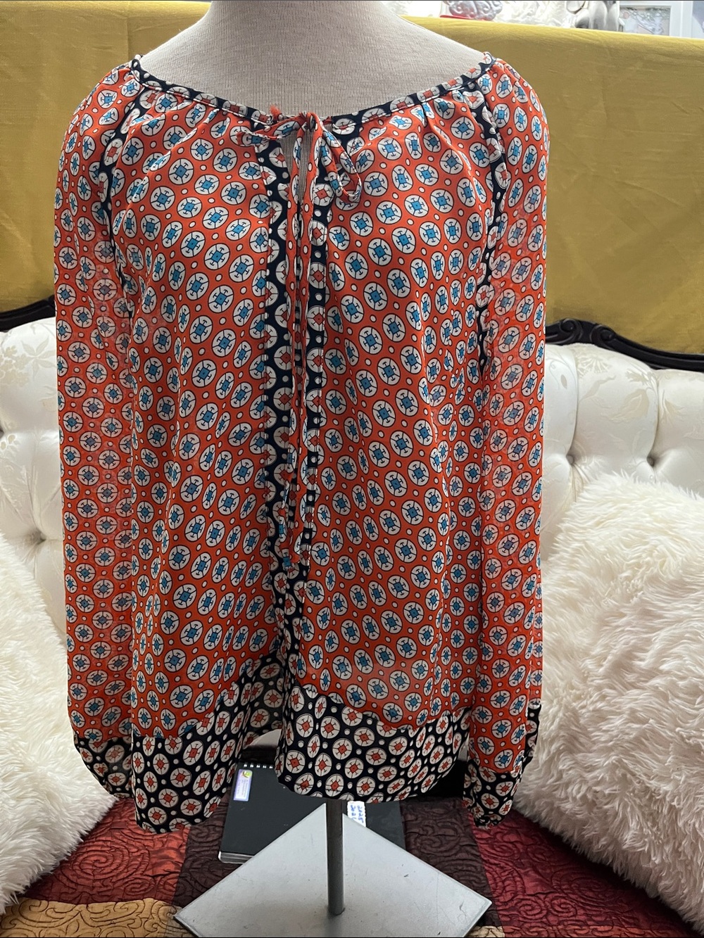Women's Orange Printed Tie-Neck Blouse